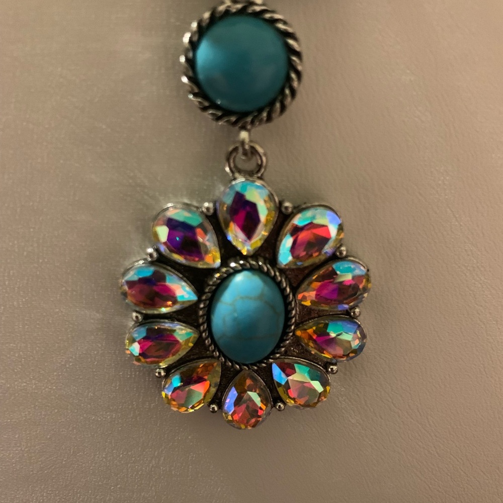 NEW Y2K Turquoise Statement Necklace | Rhinestone Flower | Western Glam 💎
